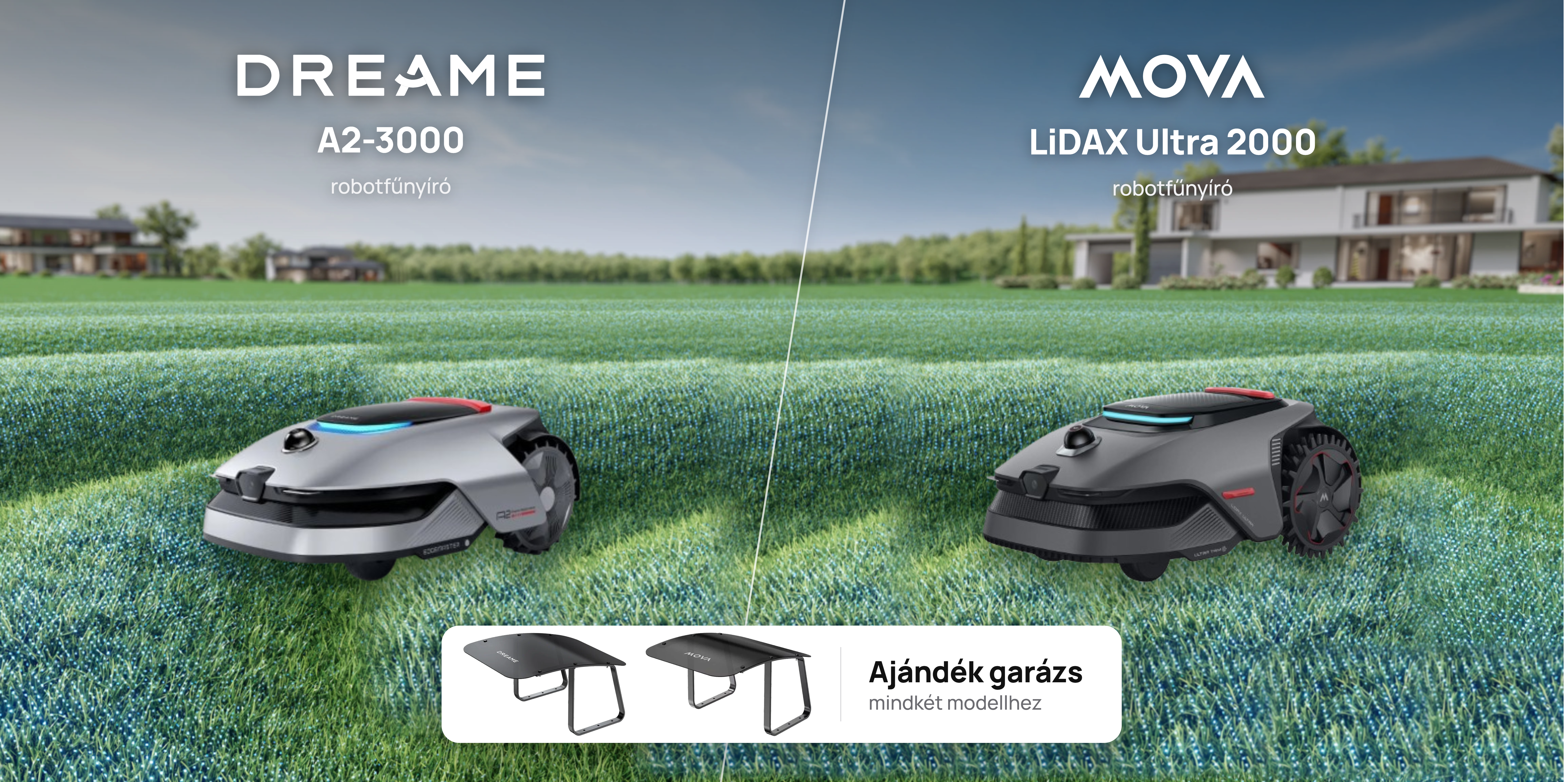 Dreame A2-3000 és Mova LiDAX Ultra 2000 robotfűnyíró – ajándék garázs mindkét modellhez